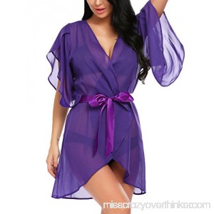 ADOME Women's Sexy Chiffon Swimsuit Cardigan with Ribbin Belt Sheer Bikini Plus Blouse Purple B07MZ2YW9R